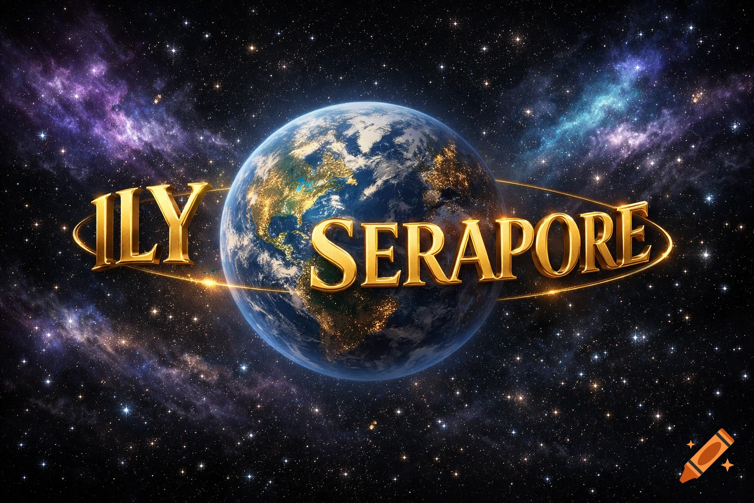 Golden letters spelling 'ILY SERAPORE' orbit Earth against a vibrant starfield in deep space.