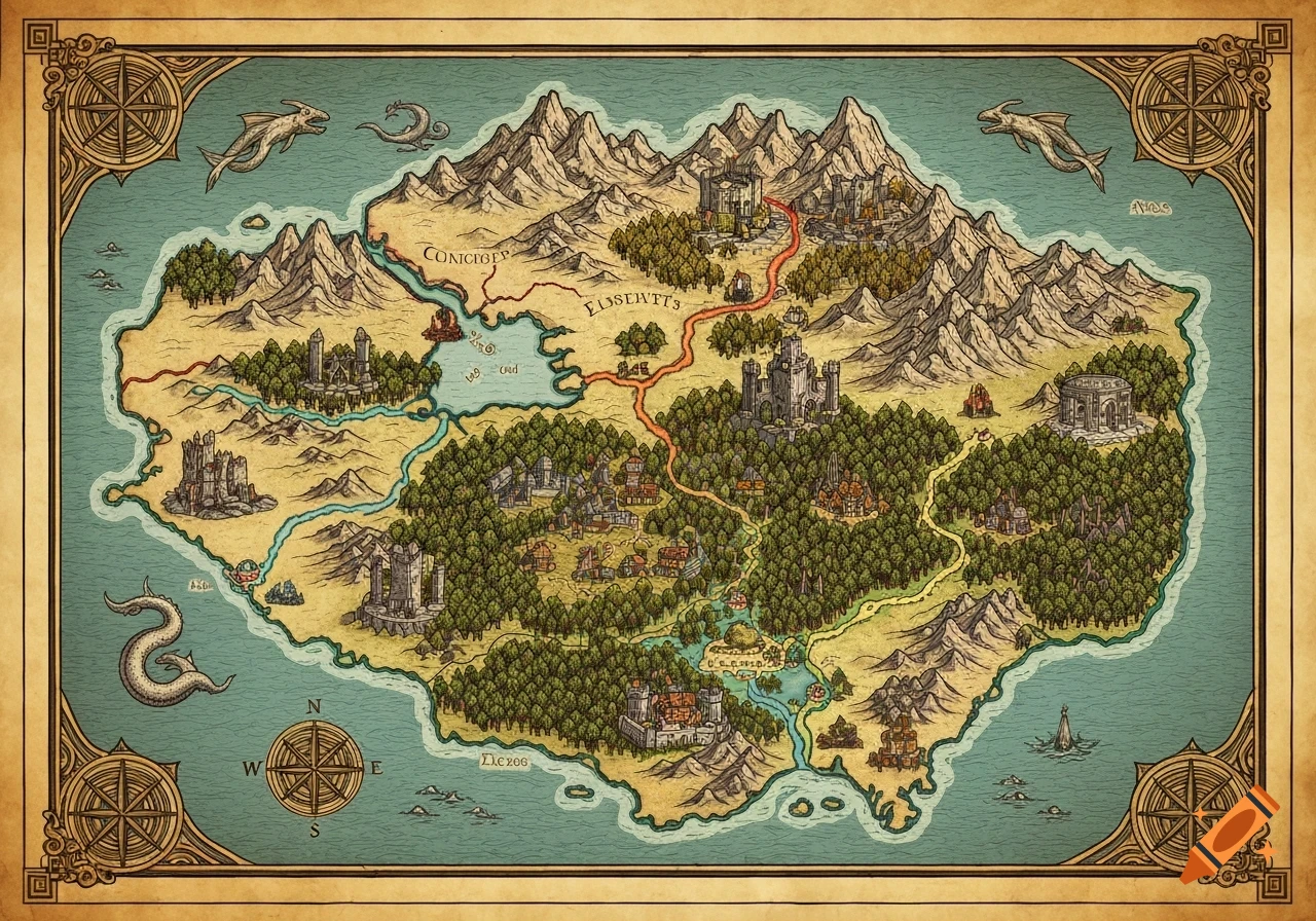 A detailed, vintage-style fantasy world map featuring mountains, forests, castles, rivers, lakes, and sea creatures, with a compass rose and decorative borders.