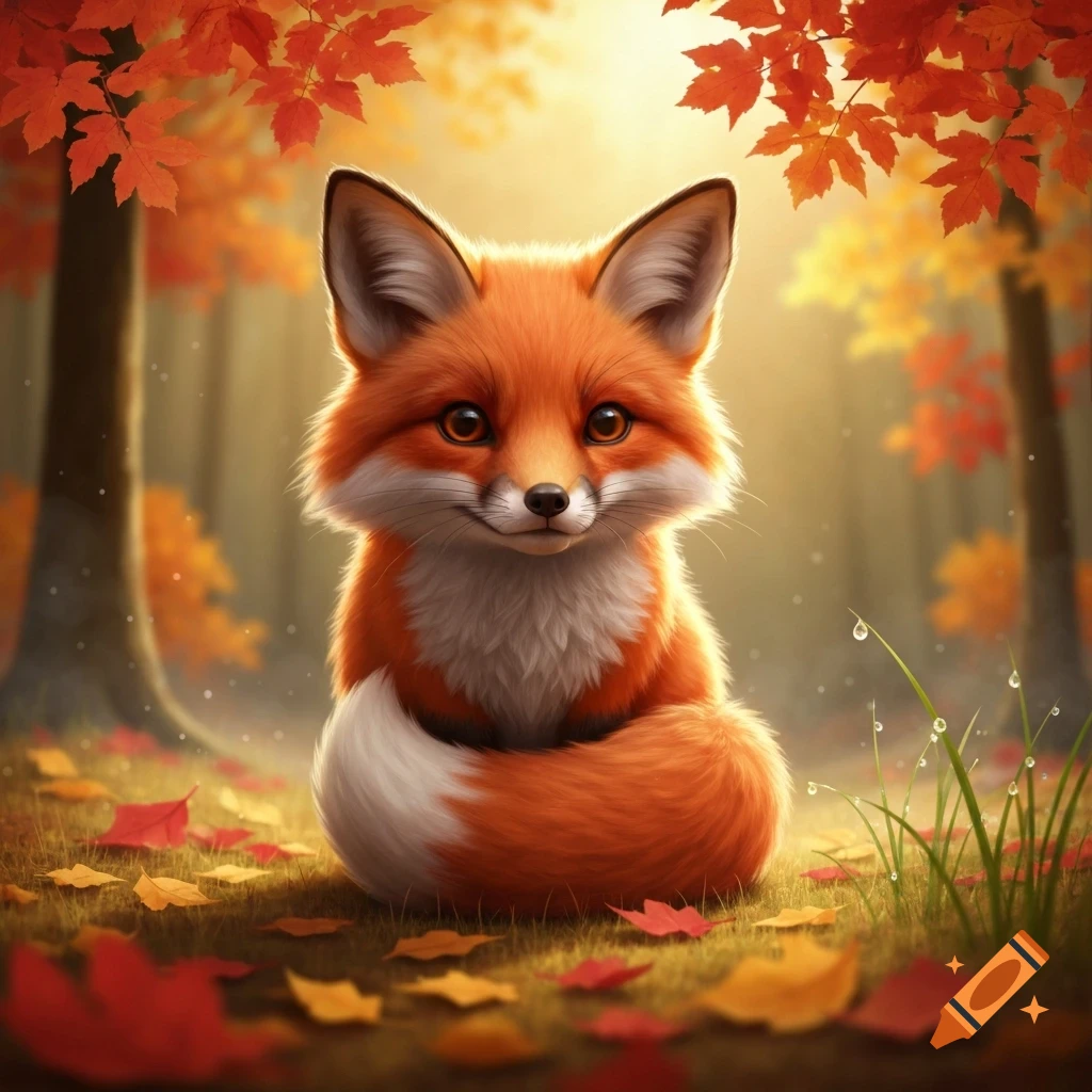 A cute, fluffy orange and white fox sits in an autumn forest, surrounded by fallen leaves and golden sunlight.