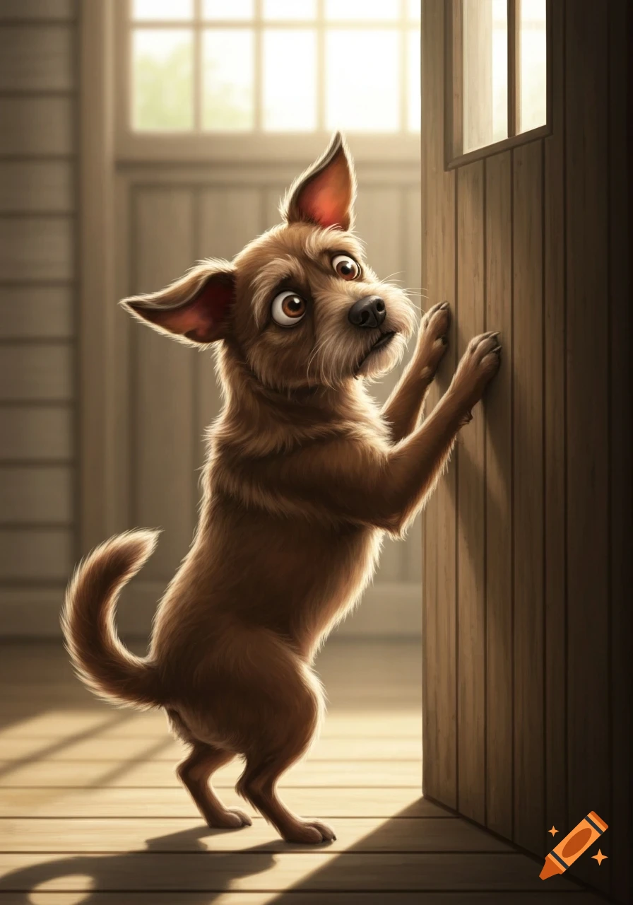 A small brown cartoon dog with wide, anxious eyes scratches at a wooden door, illuminated by sunlight from an open window.