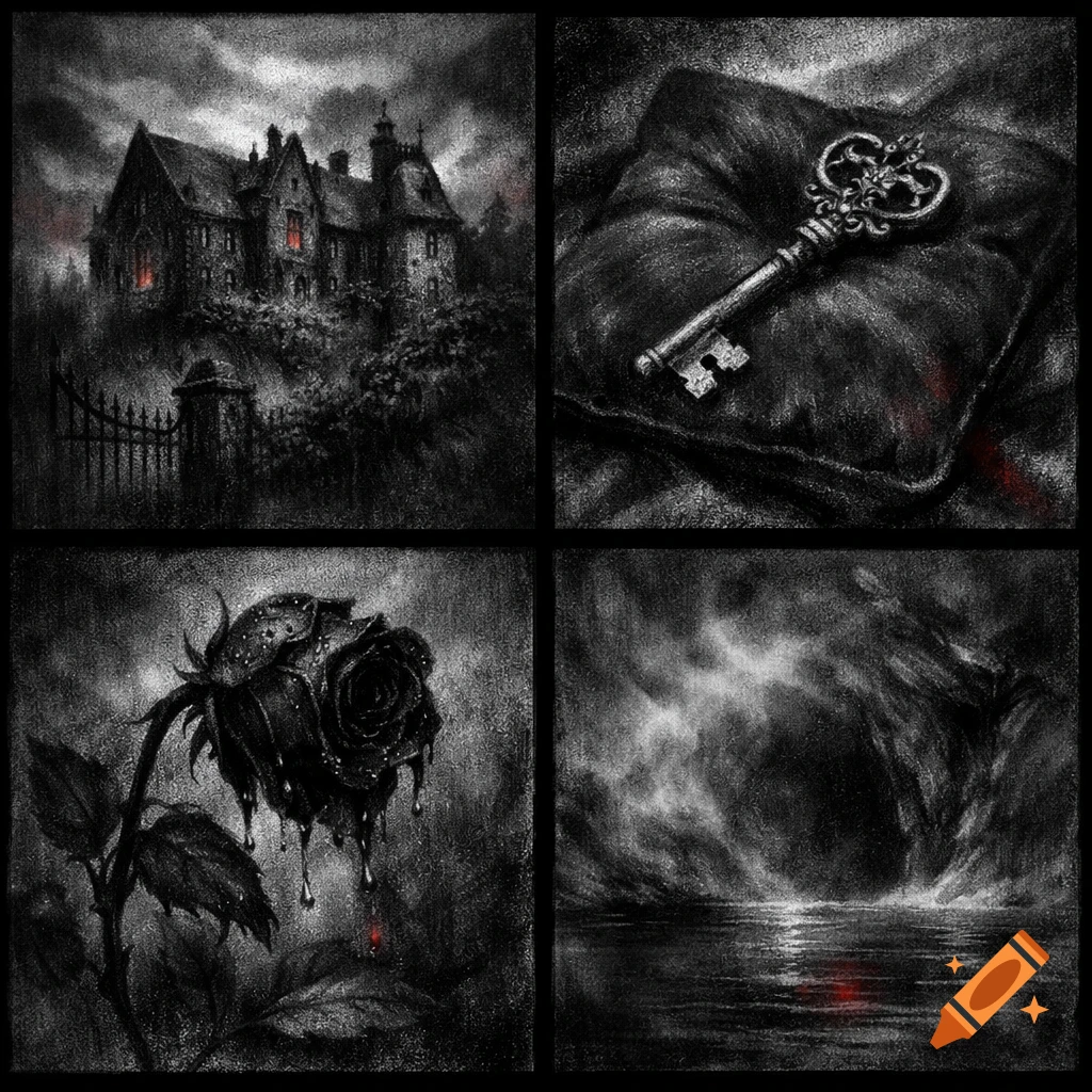Four dark gothic illustrations: a haunted mansion, an ornate key on a pillow, a dripping black rose, and a stormy lake with red reflections.