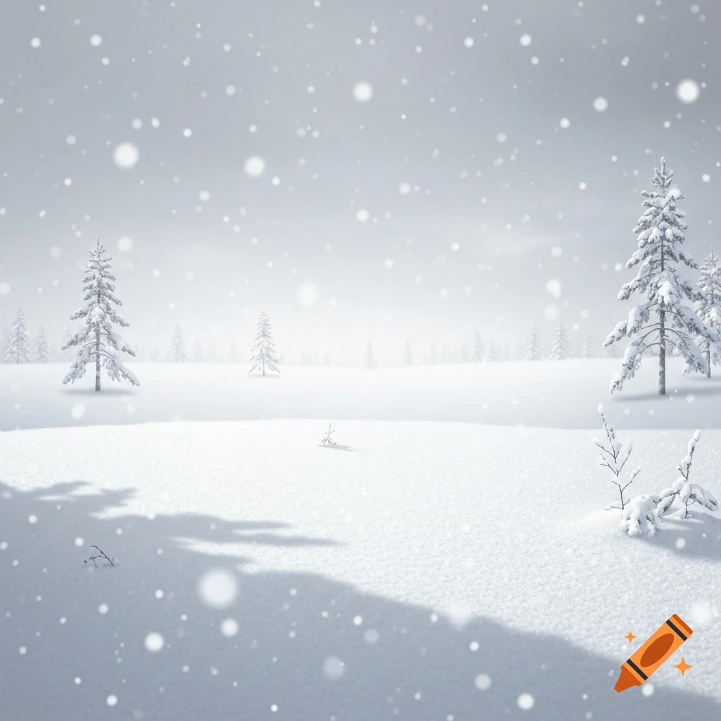 A serene winter landscape with snow-covered fir trees and falling snow under a grey sky.
