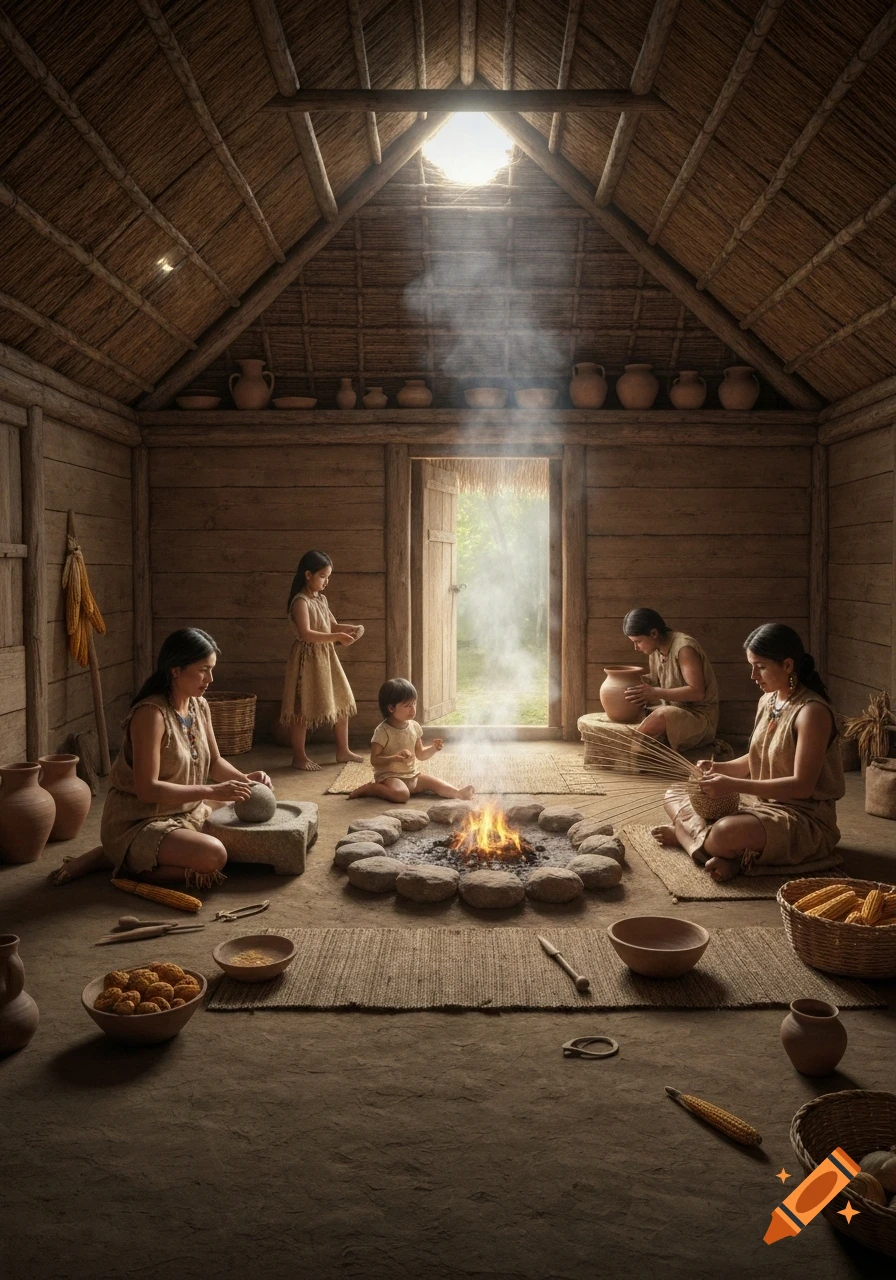Photorealistic scene of a family performing daily chores in a Mississippian-era wooden house with a central fire.