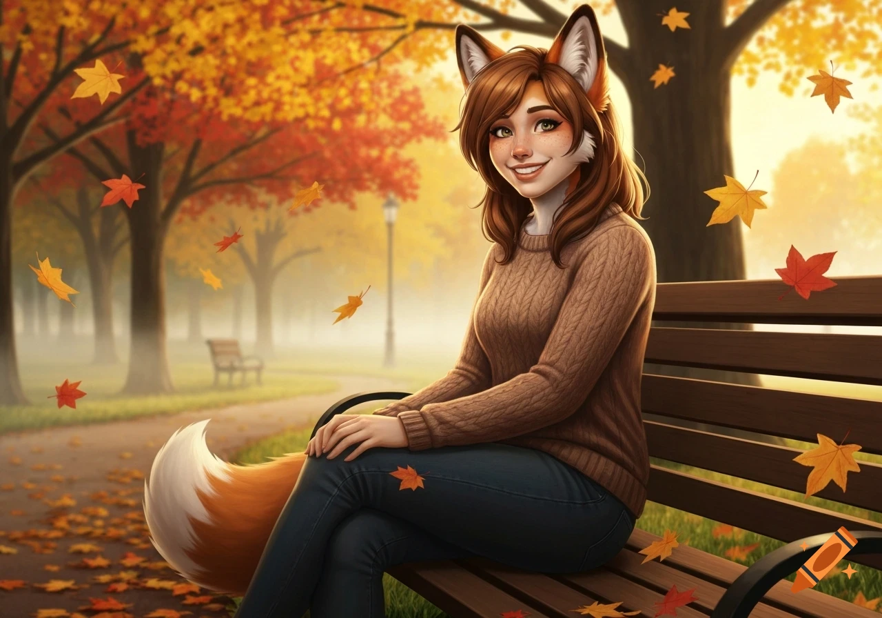 A smiling fox-girl with brown hair and ears sits on a park bench surrounded by falling autumn leaves, digital art.