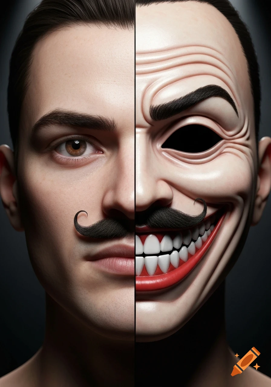 A man's face split vertically: one side is a realistic human face with a brown eye, the other is a stylized, smiling mask with a black eye socket and a wide, toothy grin. Both sides share a black curled mustache.