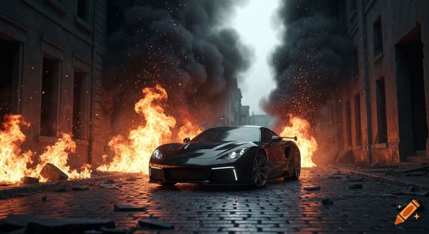 A black sports car on a ruined cobblestone street engulfed in intense flames and thick smoke with flying sparks, creating an apocalyptic scene.