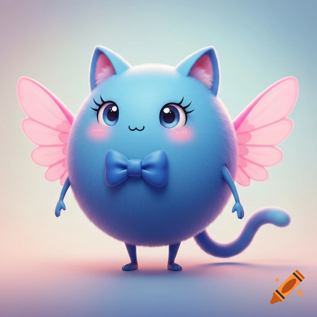A cute, fluffy blue cat-like creature with pink wings, a blue bow tie, big eyes, arms, legs, and a tail on a pastel background.