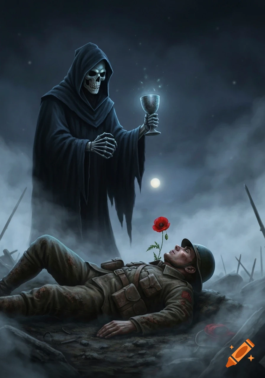 Dark fantasy illustration of the Grim Reaper holding a glowing chalice over a fallen soldier with a red poppy on a misty battlefield.