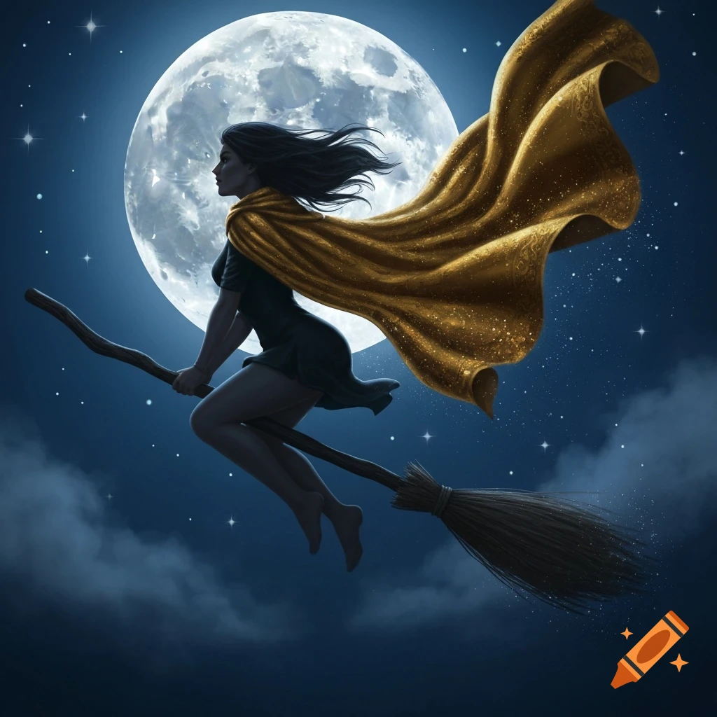 An illustration of a woman in a golden cloak flying on a broomstick across a starry night sky with a full moon.