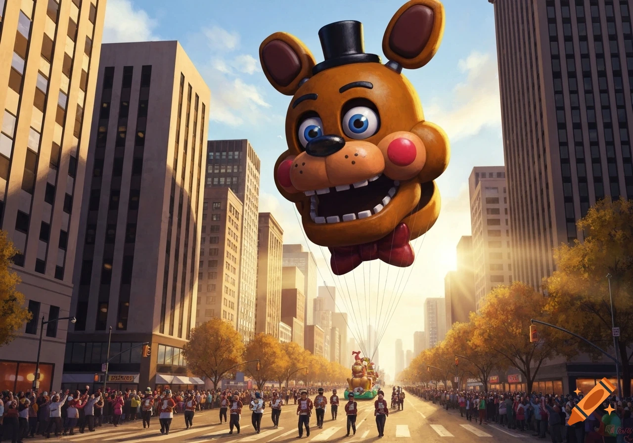 A giant Toy Freddy balloon floats over a city street during a sunny Thanksgiving Day parade, with crowds watching and tall buildings lining the street.