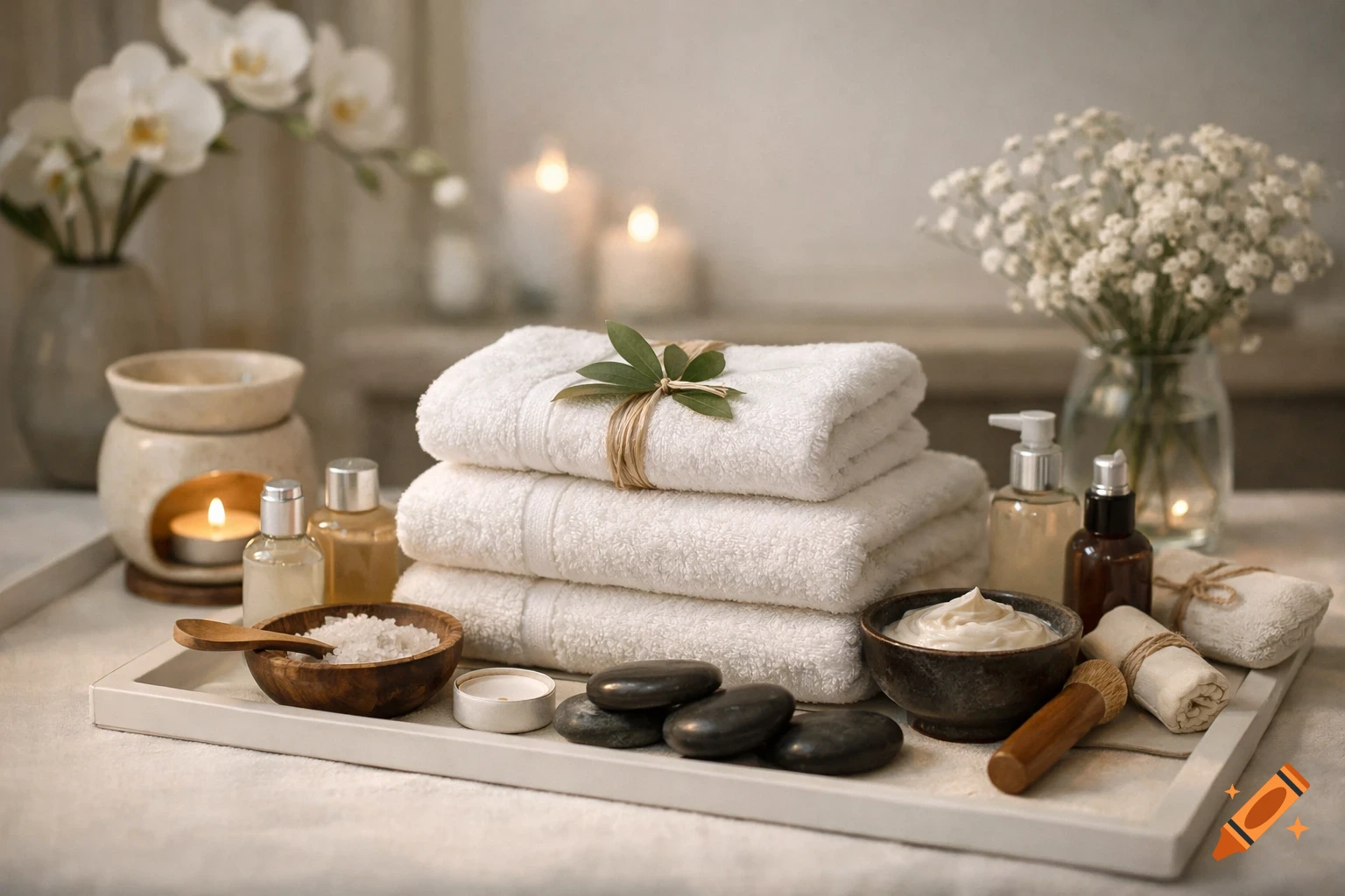 A serene spa setup with white towels, essential oils, candles, bath salts, and smooth black stones on a white tray, with flowers in the background.
