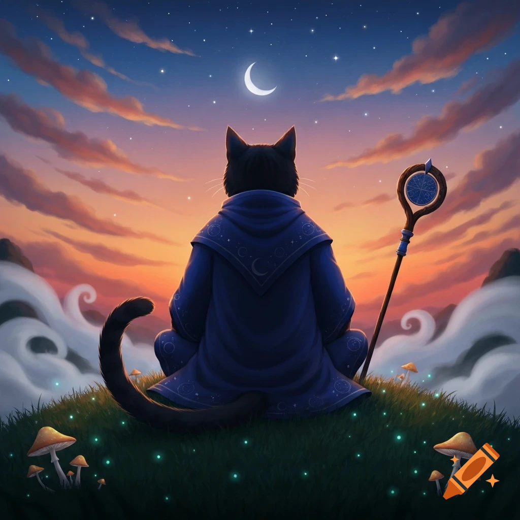A black cat wizard in a blue robe sits on a grassy hill, gazing at a crescent moon and stars in a vibrant sunset sky. Digital painting.