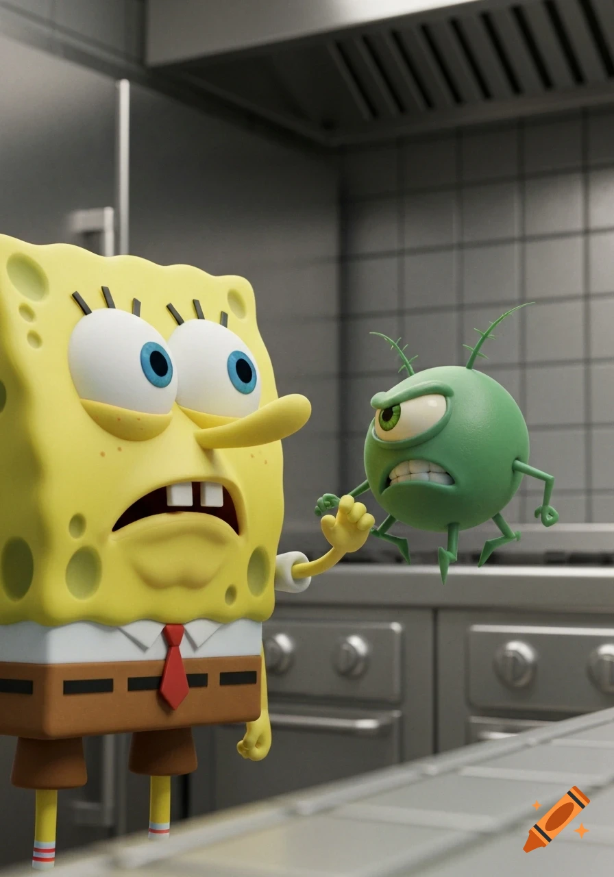 A 3D rendered Spongebob looks worried while Plankton angrily confronts him in a kitchen.