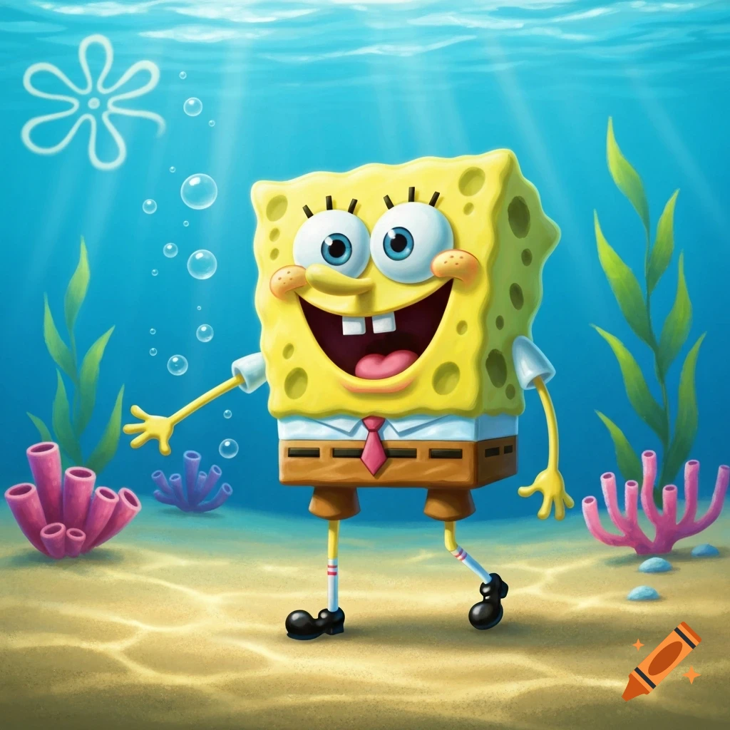 Spongebob Squarepants smiles widely, standing on a sandy ocean floor with coral and seaweed in a bright, animated style.