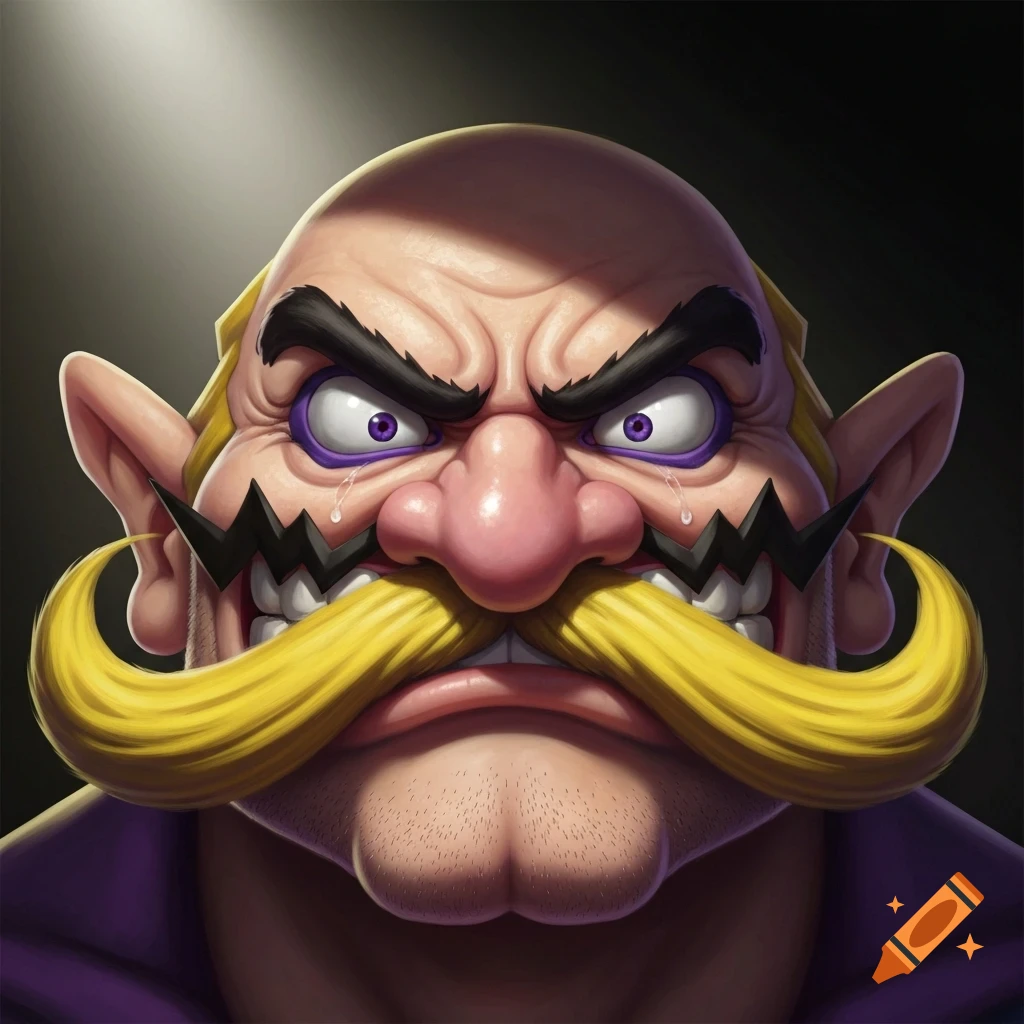 A detailed, angry close-up portrait of the video game character Wario with a large yellow mustache, purple eyes, and a bald head.
