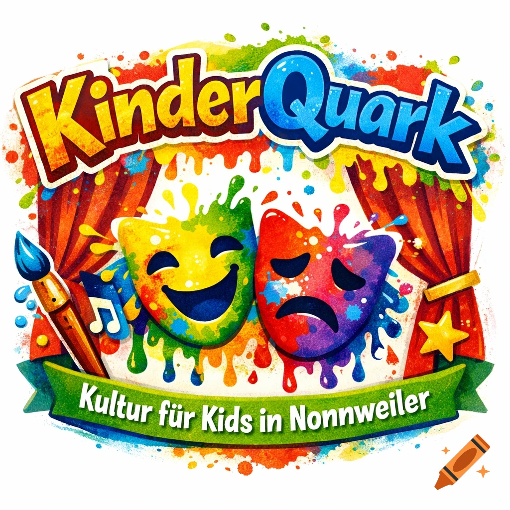 Vibrant, playful logo for "KinderQuark" featuring happy and sad theatre masks, a paintbrush, music note, and stage curtains, all covered in colorful paint splatters.