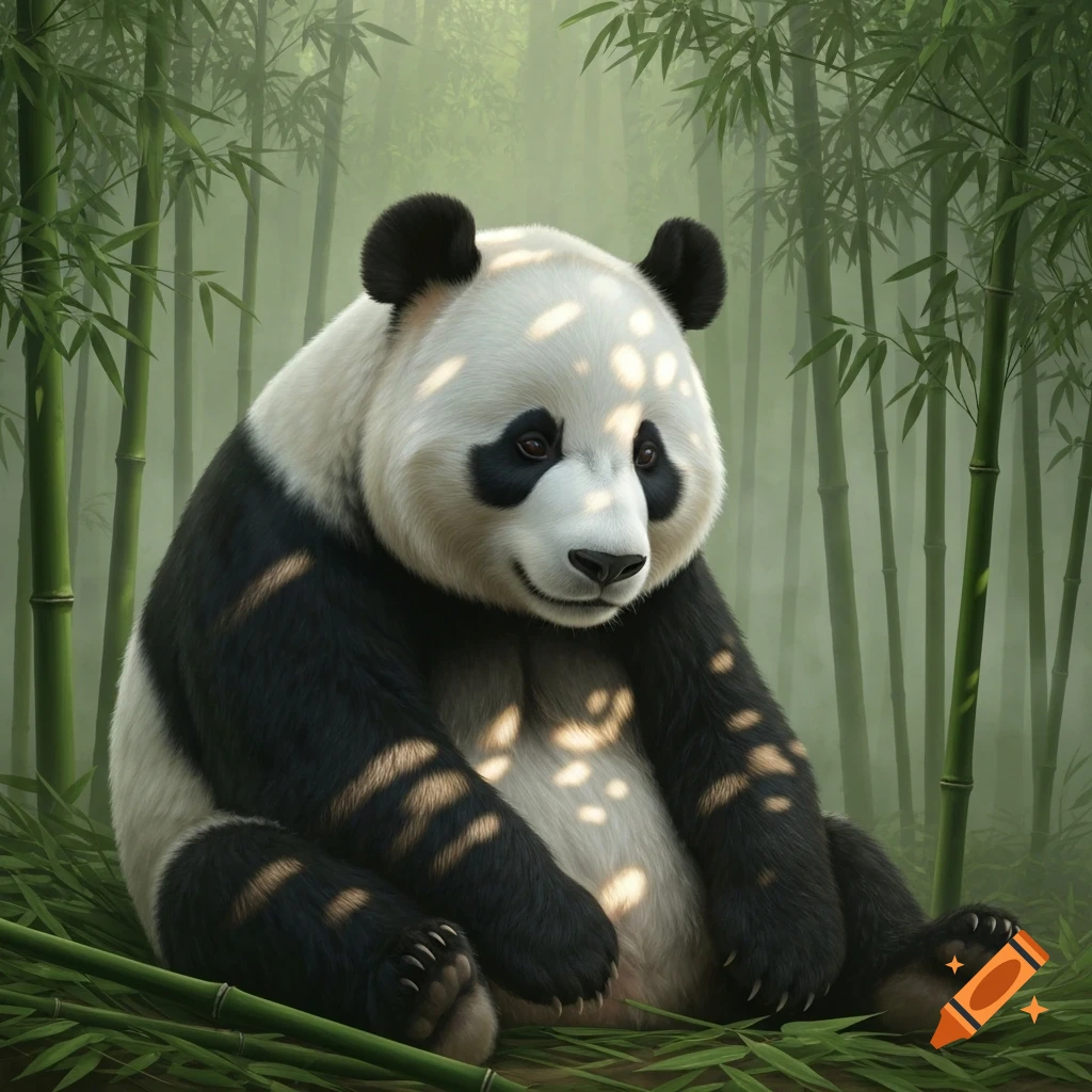 Photorealistic panda sitting among lush bamboo in a sunlit forest.