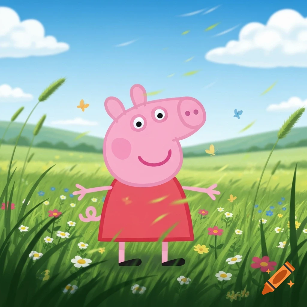 Cartoon Peppa Pig stands with arms outstretched in a sunny green field filled with colorful flowers and butterflies.