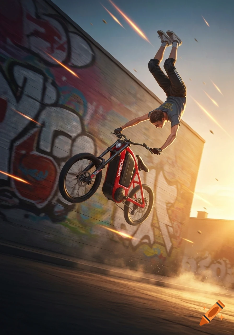 A person on a red e-bike doing a handstand backflip in mid-air, with a graffiti-covered wall and sunset glow in the background.