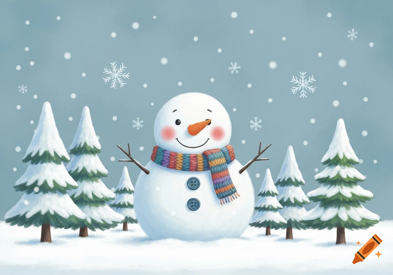 A cheerful cartoon snowman with a colorful striped scarf stands in a snowy forest with pine trees and falling snowflakes.