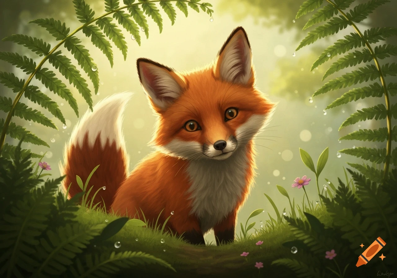 A cute red fox with a white chest and tail tip sits in a lush green forest, surrounded by ferns and small flowers, with a soft, glowing background.