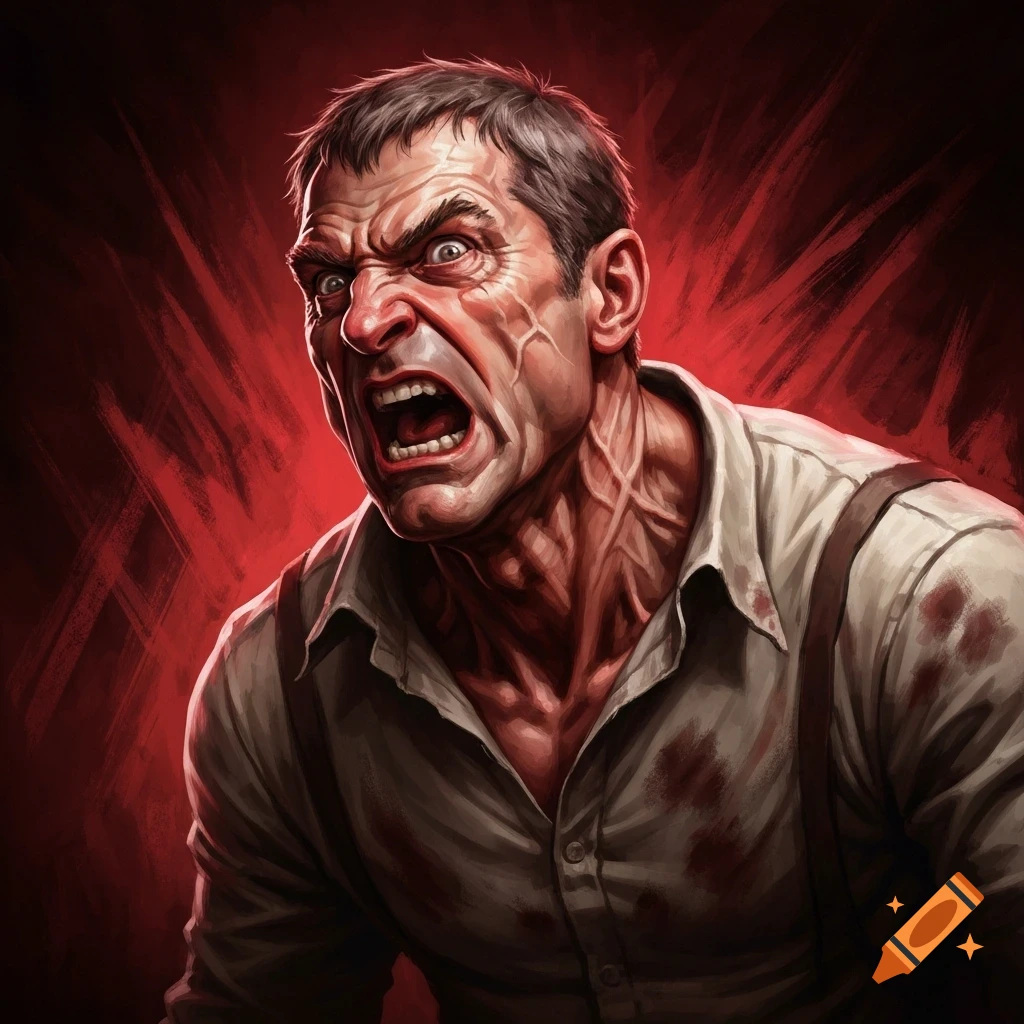 Stylized illustration of an intensely angry man screaming, with bulging veins and bloodstains on his white shirt, against a red background.