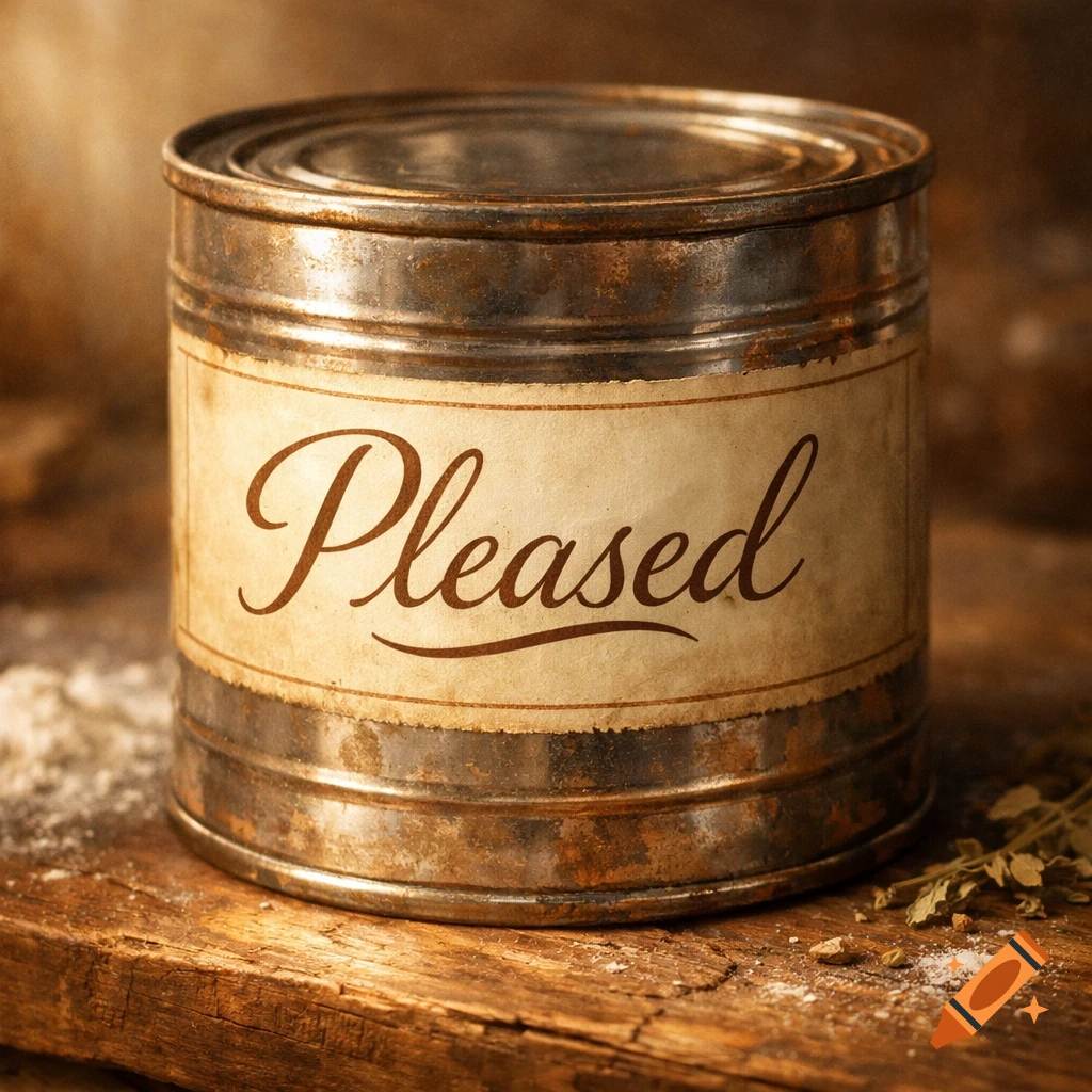 Close-up of a rustic, rusted metal can with a worn label reading "Pleased", sitting on a wooden surface with scattered spices.