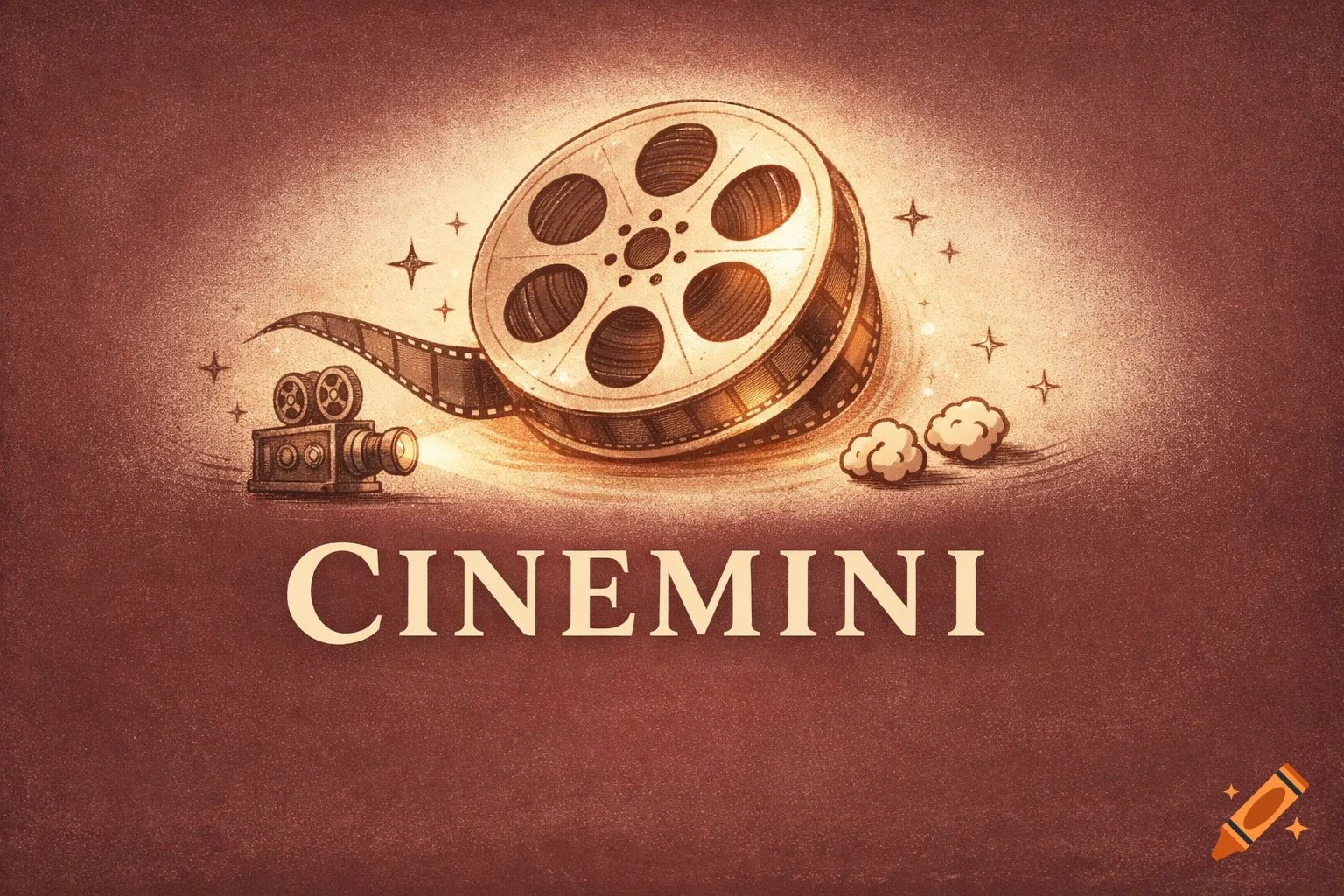 Vintage style illustration of a film reel, camera, and popcorn, with the text 'CINEMINI' on a reddish-brown textured background.