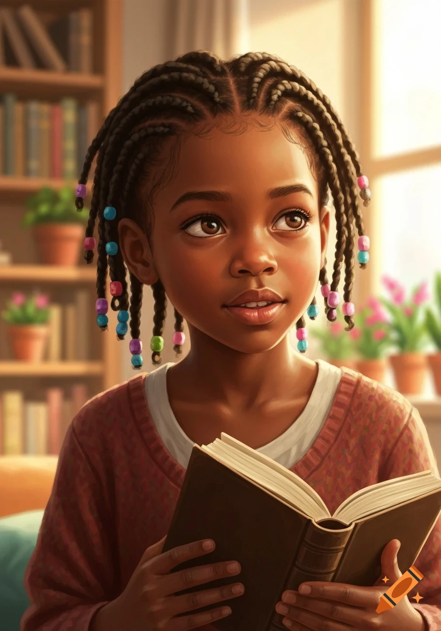 Illustration of a young Black girl with braided hair and colorful beads, holding an open book and looking thoughtfully.