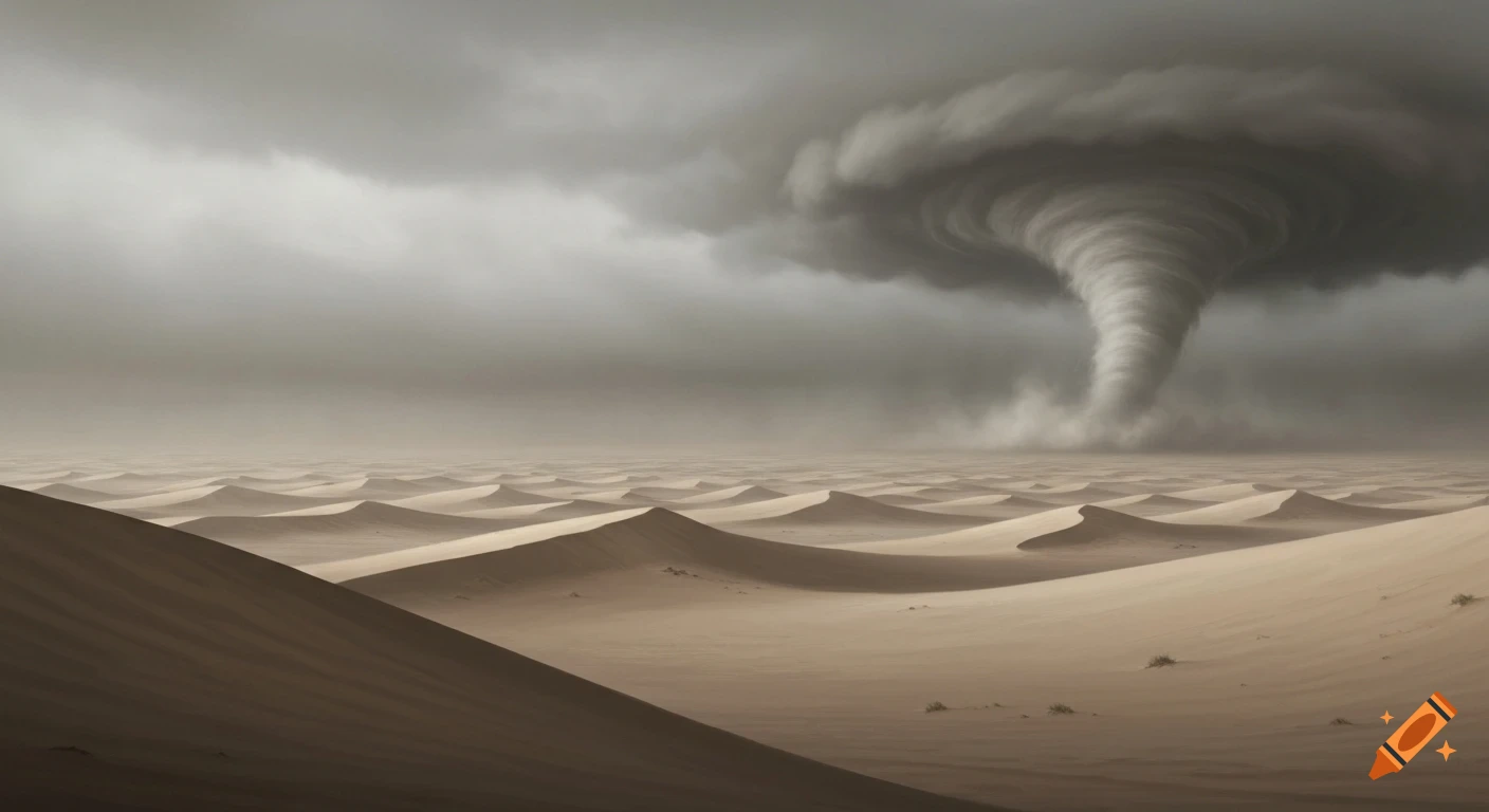 A vast, moody desert landscape under a bleak, cloudy sky with a large tornado in the distance.