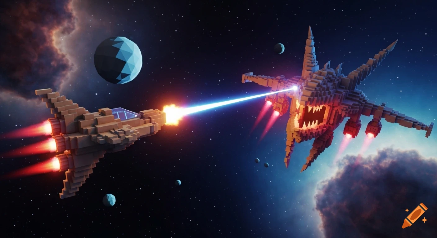 Two voxel-style spaceships engage in a laser battle in deep space, with planets and nebulae.