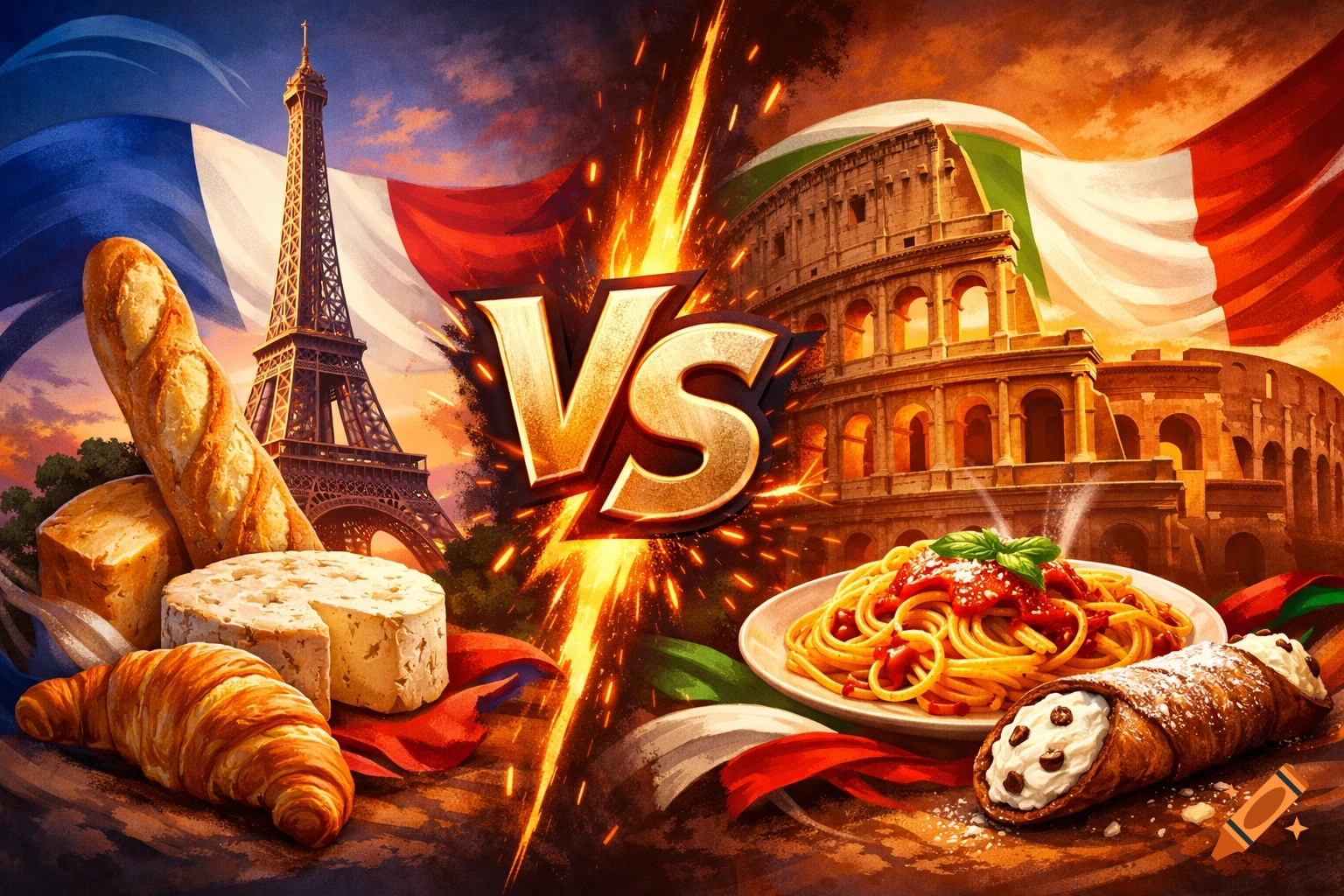 A vibrant split image of France vs. Italy, featuring the Eiffel Tower, baguette, croissant, and French flag on the left, and the Colosseum, spaghetti, cannoli, and Italian flag on the right, separated by a fiery 'VS'.
