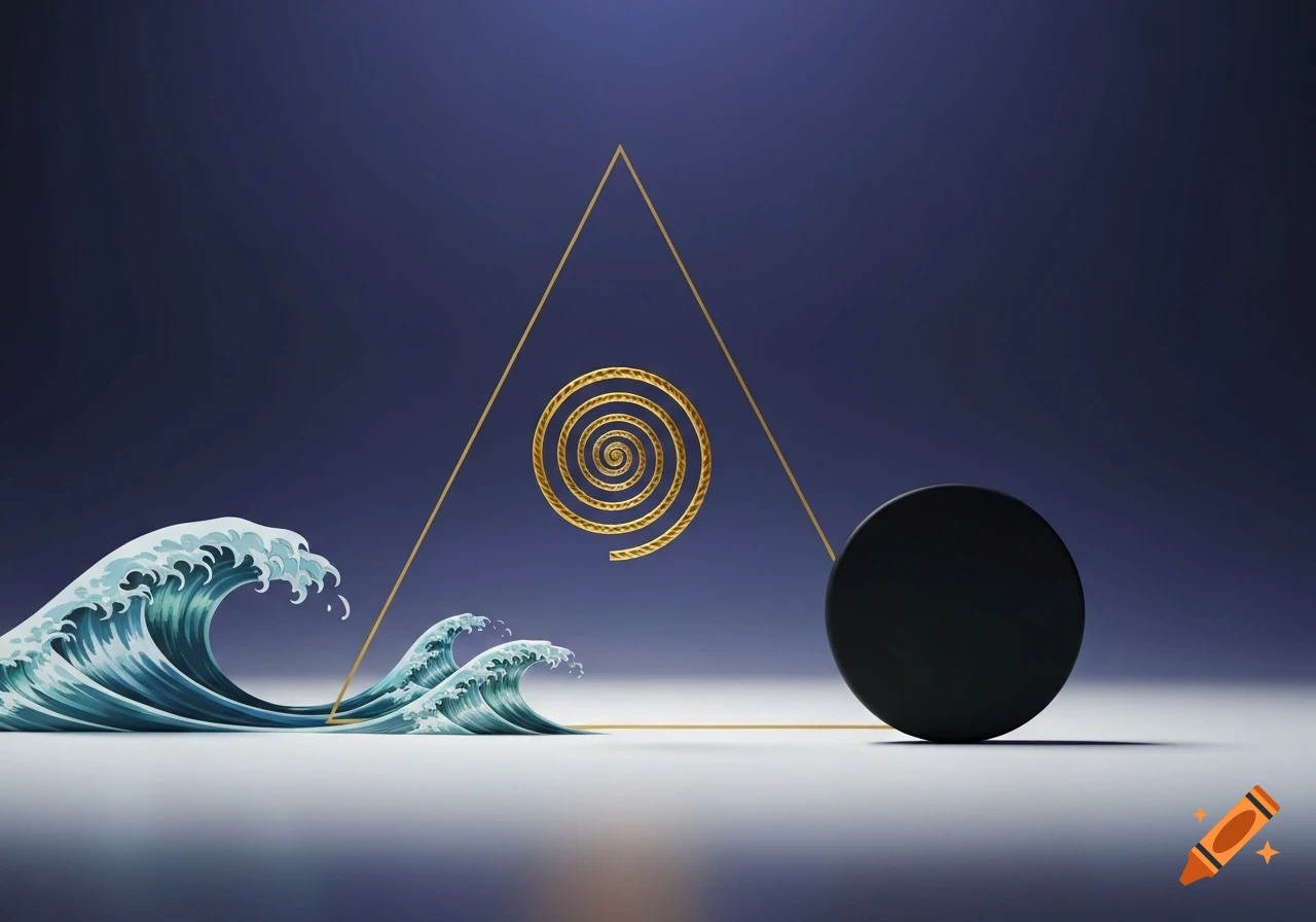 Abstract digital illustration with a golden triangle, a spiral, a black circle, and blue waves on a dark background.