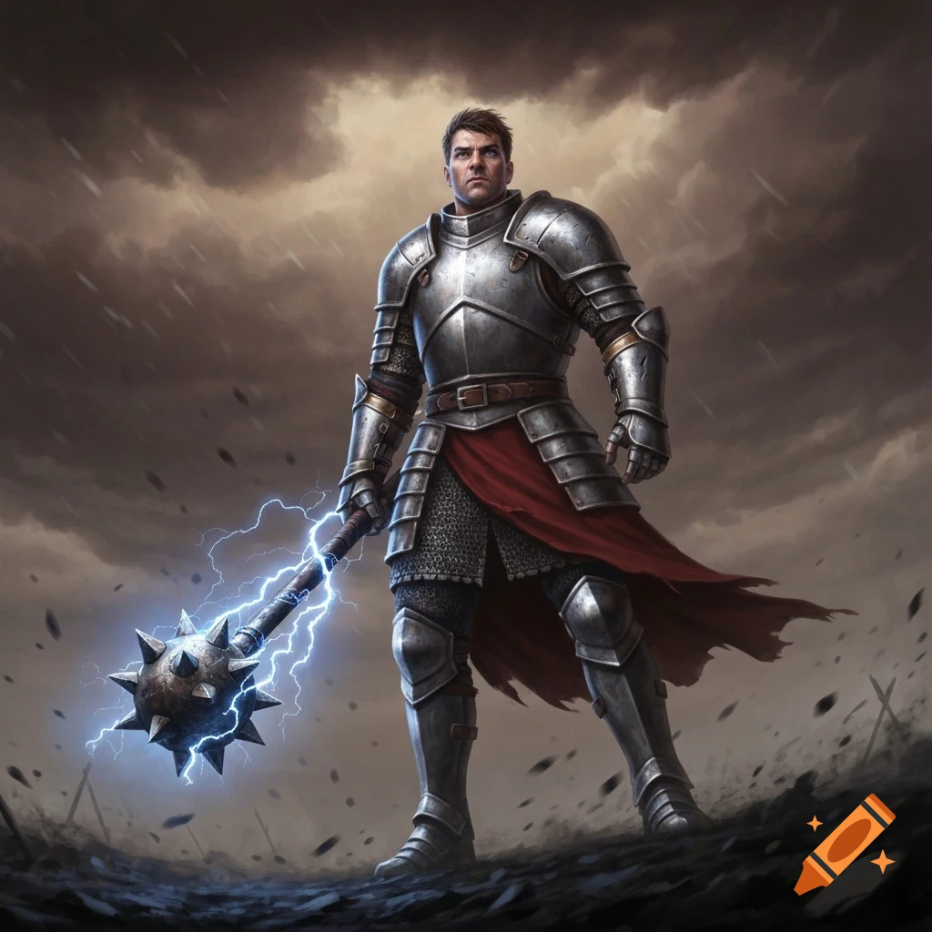 A muscular knight in shining plate armor and a red sash stands defiantly, holding a mace wreathed in blue lightning under a stormy sky.