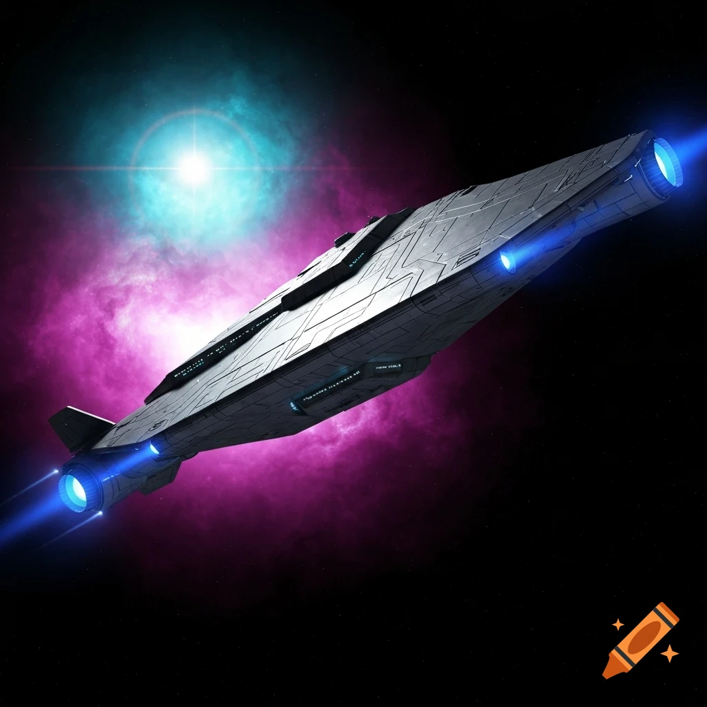 A futuristic grey spaceship with blue thrusters flies through space past a bright star and a pink and teal nebula.