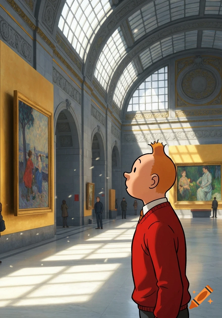 Tintin, in his signature red sweater, stands admiring large paintings in a grand, sunlit museum hall with arched windows.
