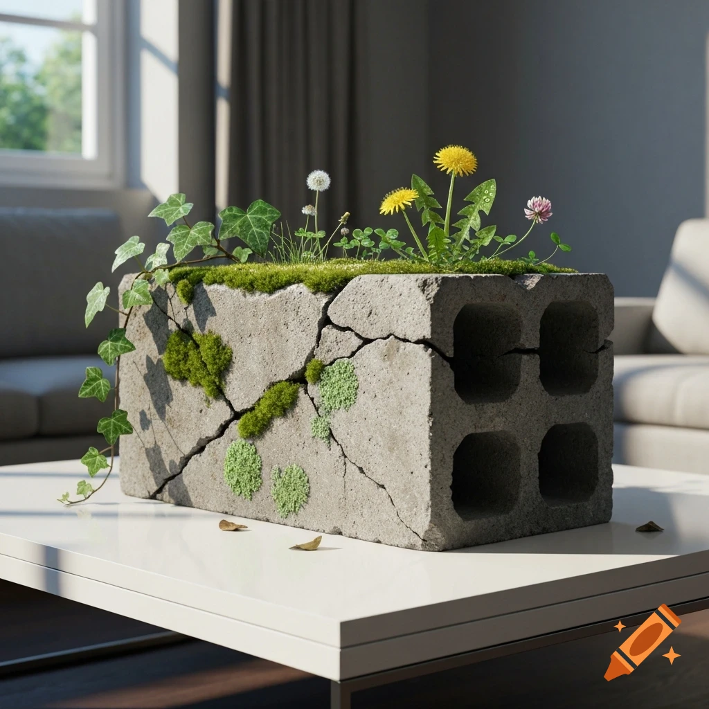 Photorealistic concrete block planter with ivy, dandelions, clover, and moss on a white living room coffee table.