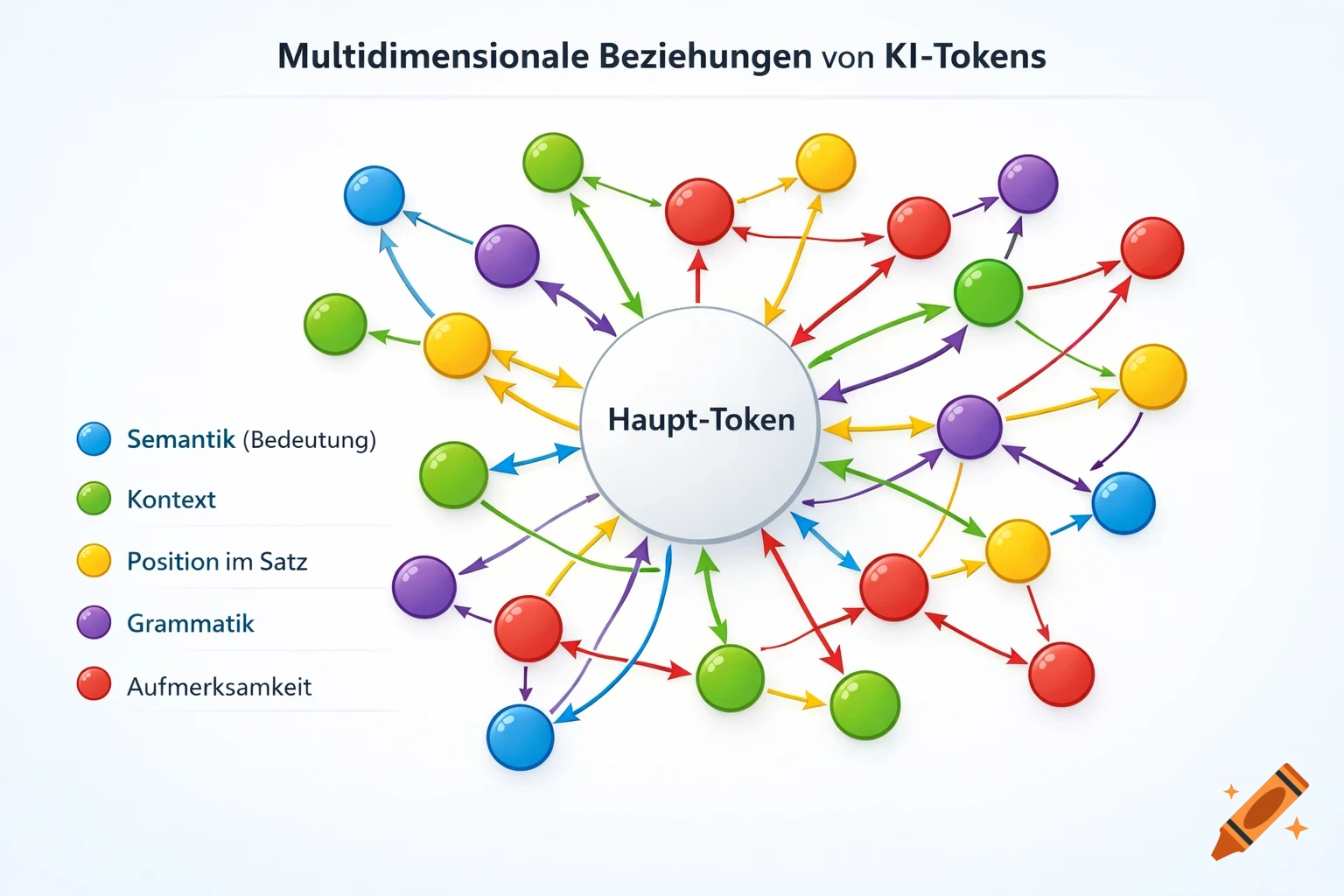 Didactic infographic showing multidimensional relationships of AI tokens, with a central token connected by colored arrows to smaller tokens representing different aspects.