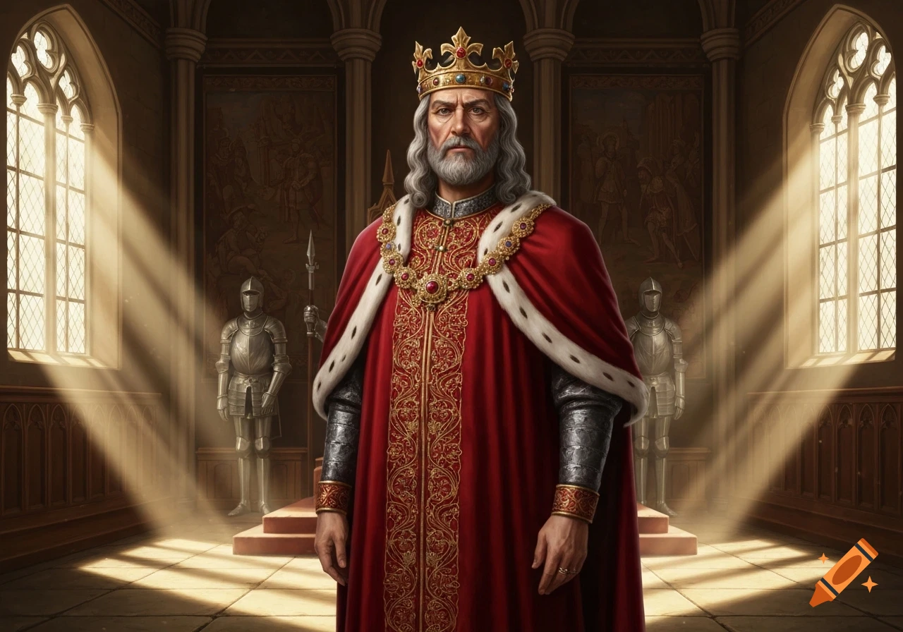 Photorealistic portrait of an old king with a beard, wearing a gold crown and a red, fur-trimmed robe, standing in a sunlit grand hall.