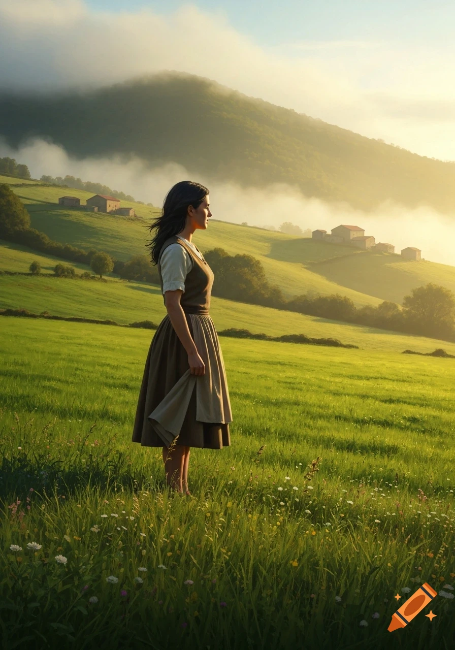 A woman stands in a sunny, misty green field, looking right towards distant hills and houses.