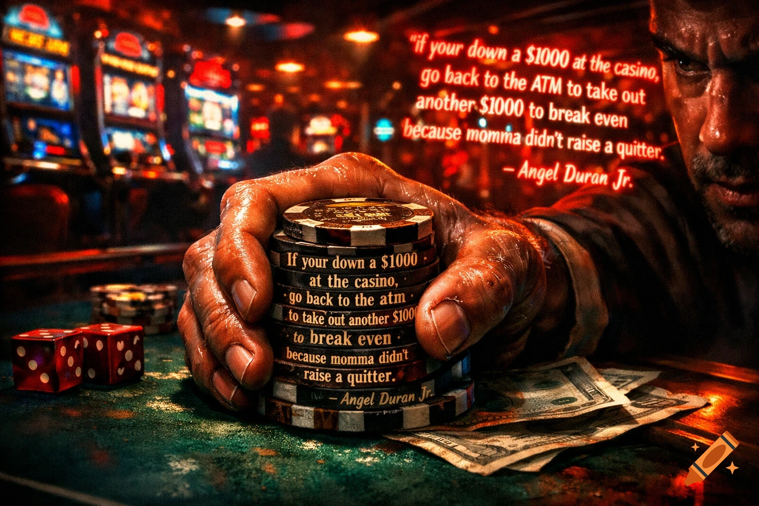 A man's hand holding a stack of casino chips with a quote, next to dice and money, against a blurry casino background.