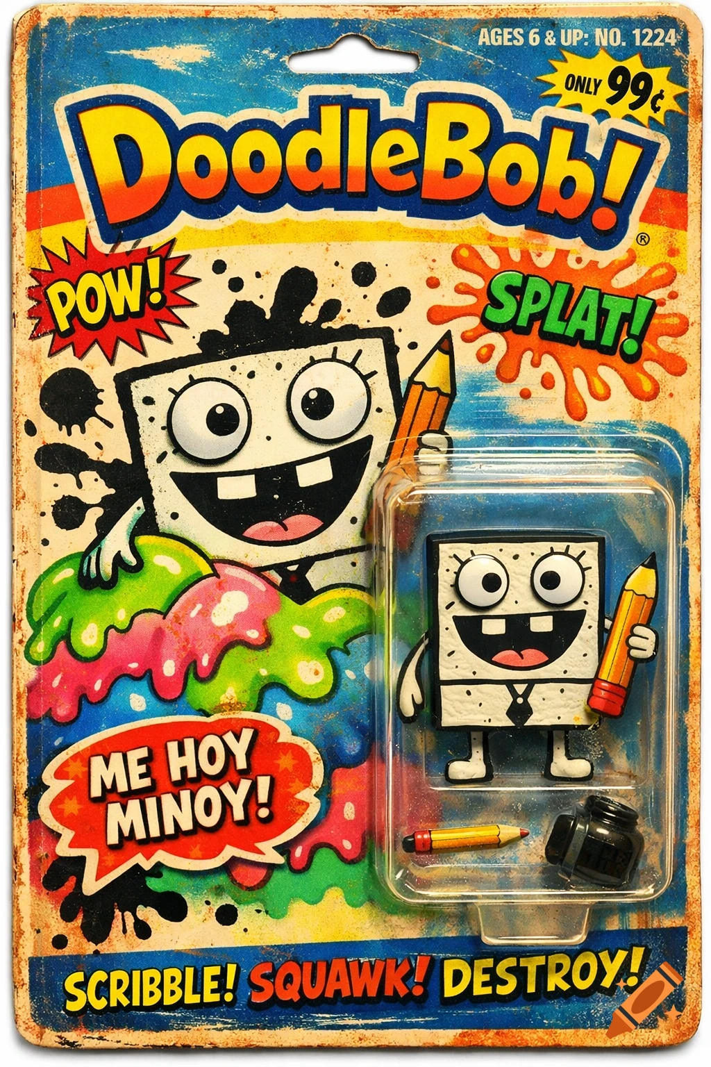Vintage-style blister packaging for a DoodleBob action figure, with comic-style text, a distressed, colorful background, and a small figure in a clear plastic case.