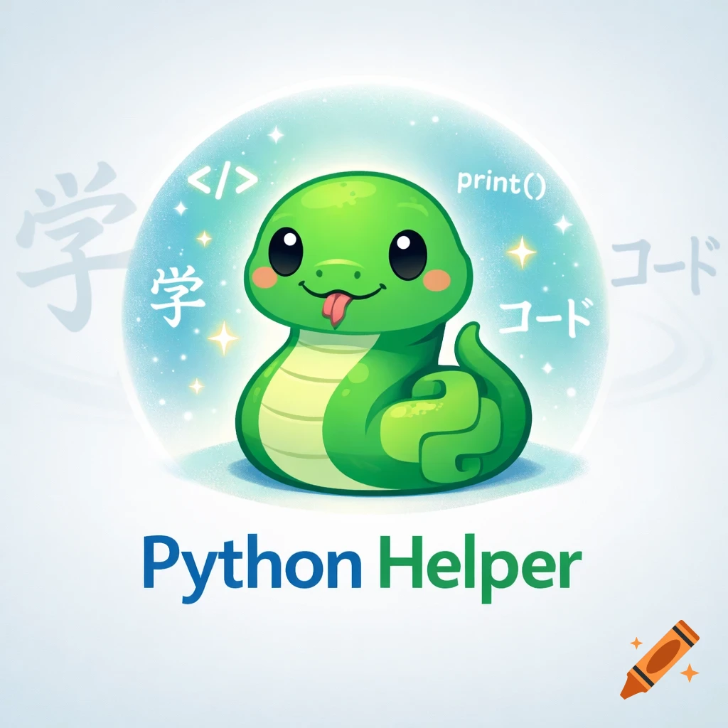 A cute green cartoon snake giving a thumbs up, surrounded by programming symbols like </> and print(), and Japanese characters. Below reads "Python Helper".