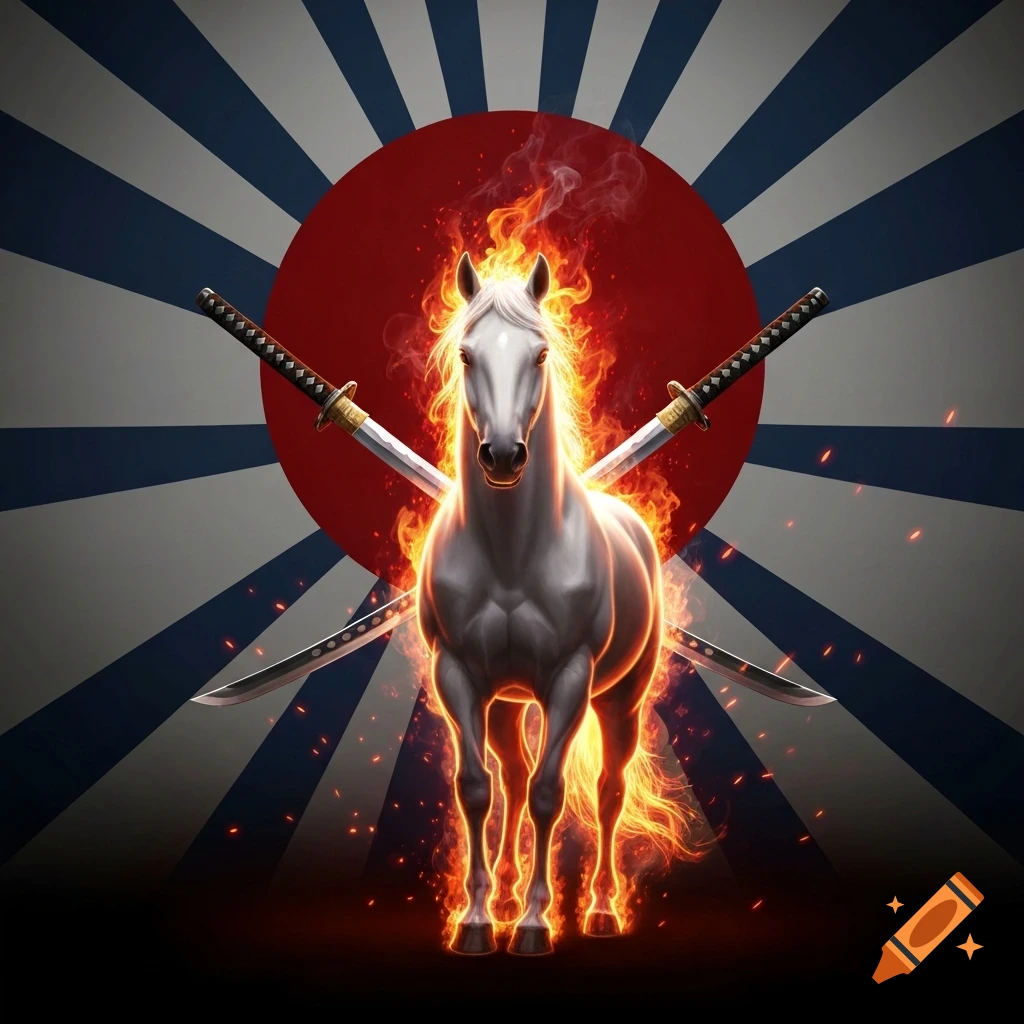 A majestic white horse, wreathed in fiery flames, stands before crossed katanas and a Japanese rising sun flag background in a digital art style.