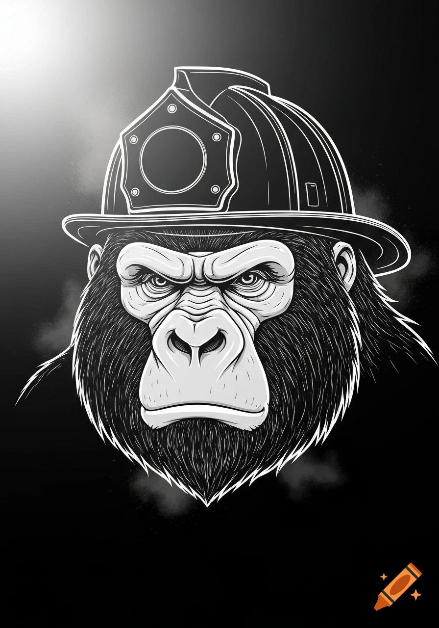 Black and white graphic art of a gorilla's face wearing a firefighter helmet, against a dark background with subtle smoke effects.
