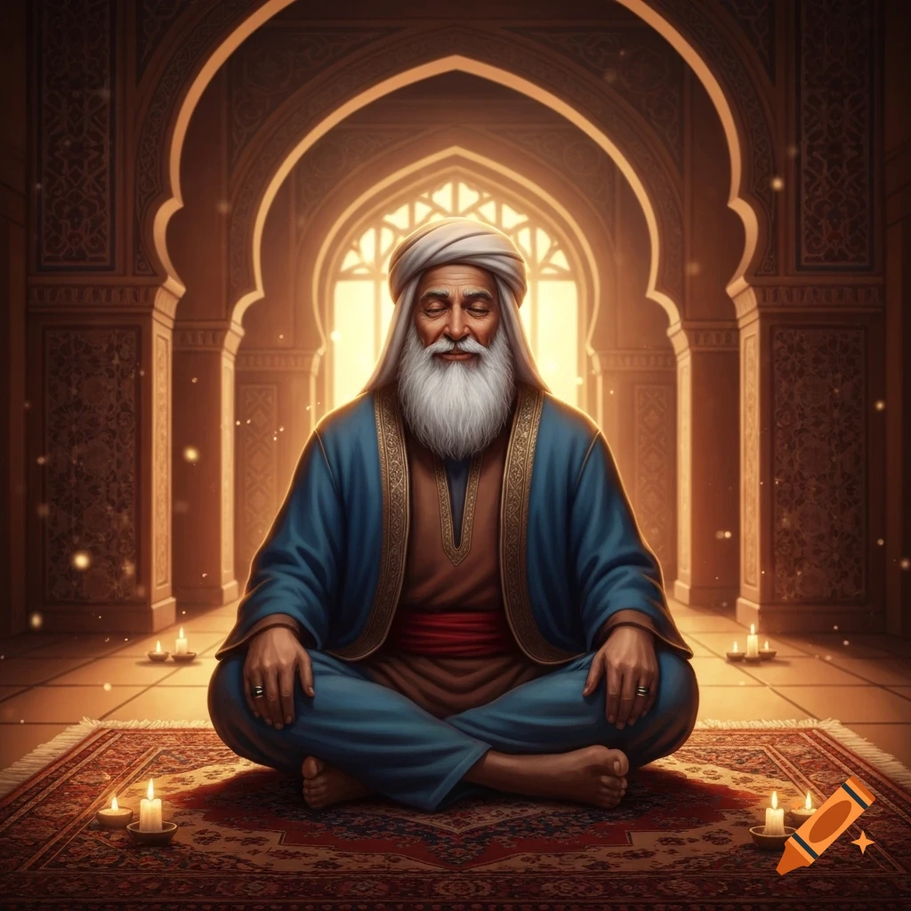 An elderly man with a long white beard and turban meditates cross-legged on a patterned rug in a grand, archway-filled room with candles, light beaming through.