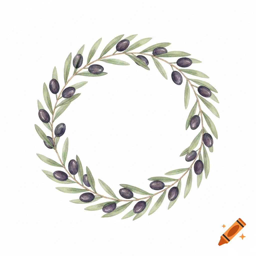 Watercolor illustration of a circular olive wreath with green leaves and dark olives on a white background.