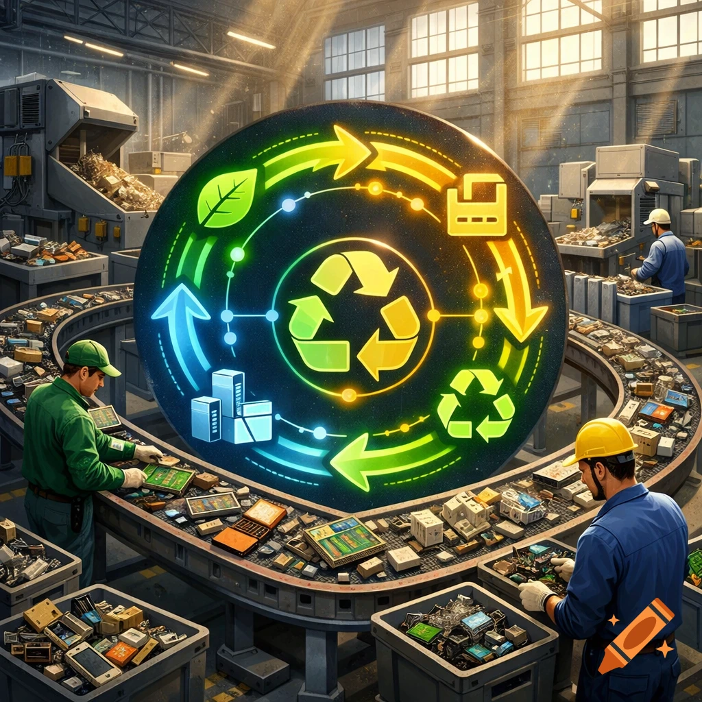 Workers sort e-waste on a conveyor belt in a recycling plant, with a glowing circular economy diagram symbolizing sustainability.