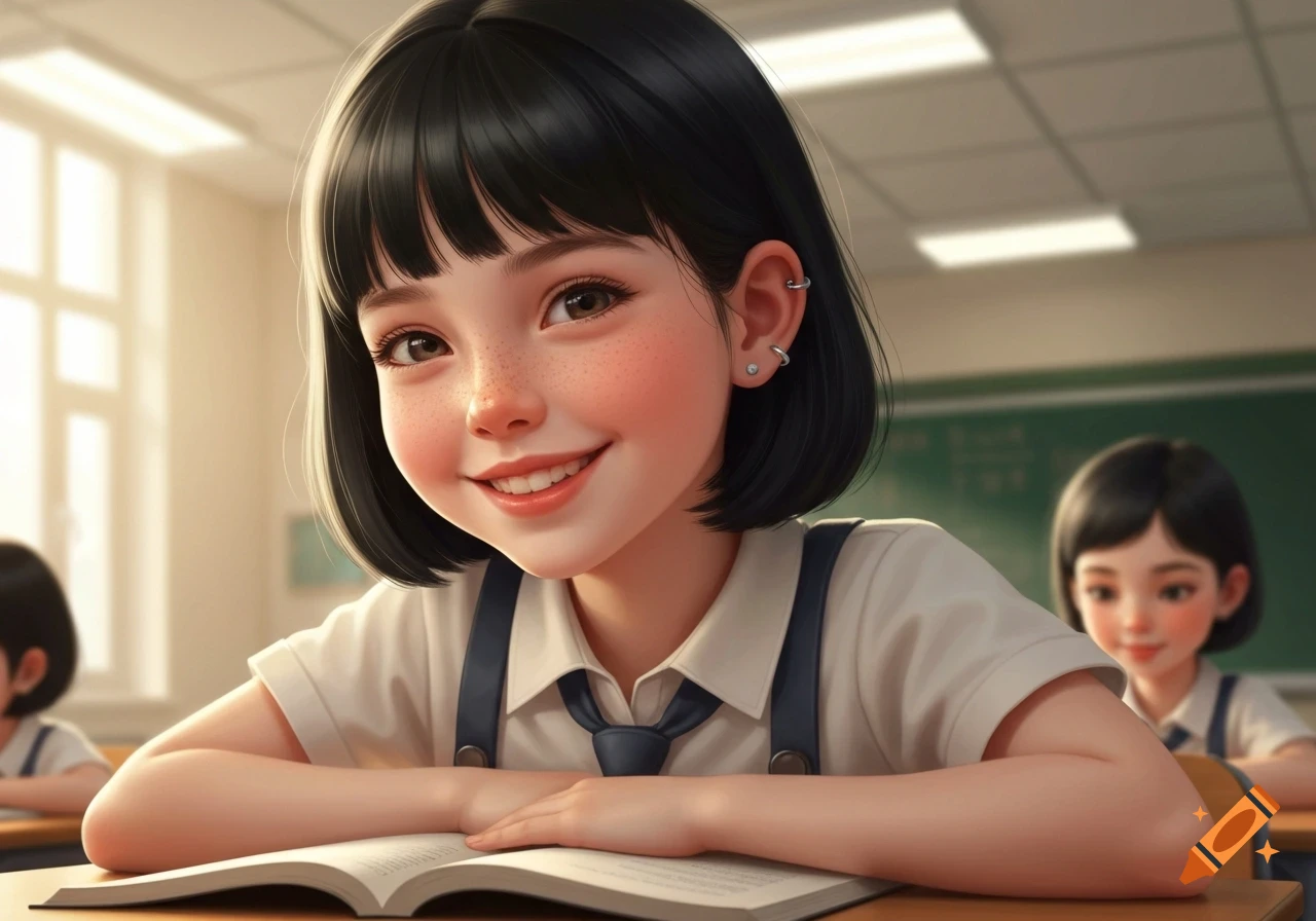 A smiling young girl with black bob hair and freckles sits at a desk in a classroom, with an open book in front of her.