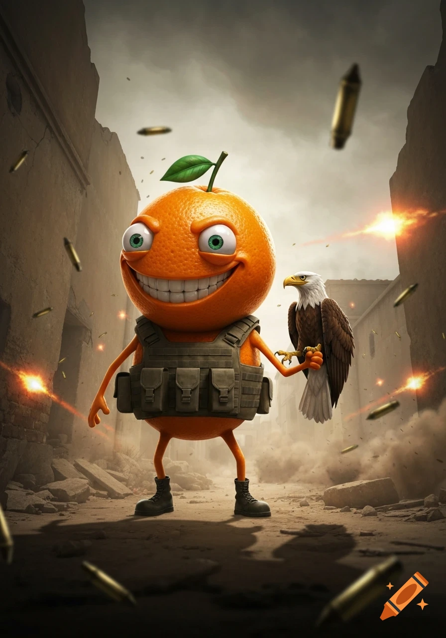 A cartoon orange character wearing a tactical vest and combat boots, holding a bald eagle, stands in a war-torn street with explosions and flying bullets.
